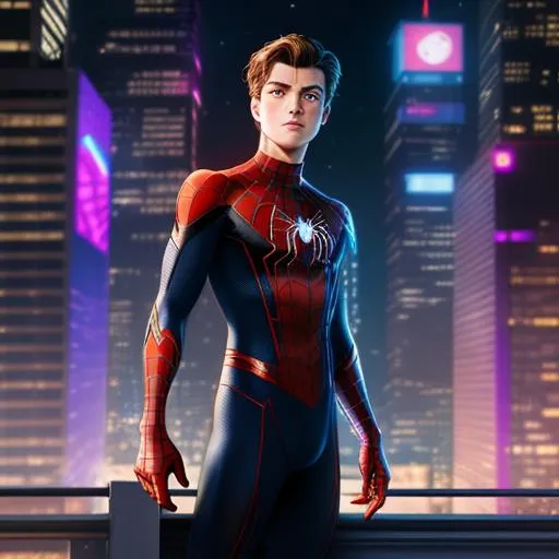 Prompt: highest quality digital painting full-body portrait of Peter Parker from spider-man, standing on a roof, Brown Wavy hair, wearing Ghost spider suit, ghost spider, spider-verse, body suit, side lighting, cyberpunk lighting, neon, symmetrical face, full body, cute posed, face details, looking into camera, face to camera, intimidating, stoic, sharp features, double eyelid brown eyes