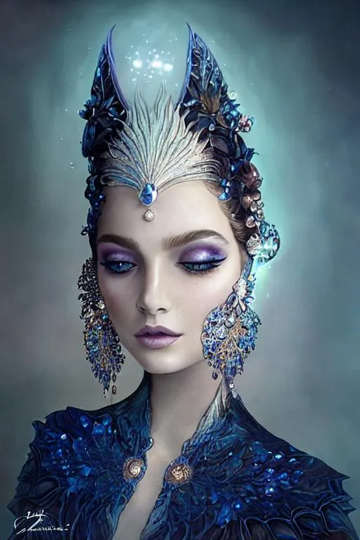 Prompt: A sea goddess, highly detailed intricate bioluminescent scales, stunning face, a crystal shimmer crown by Anna Dittmann, artgerm, catrin welz-stein, tom bagshaw, Edouard Bisson, Zacharias Martin aagaard, highly detailed oil painting, portrait of a beautiful woman, dramatic makeup, cinematic perfect lighting, ocean marine flora background, unreal engine, vivid colors, 