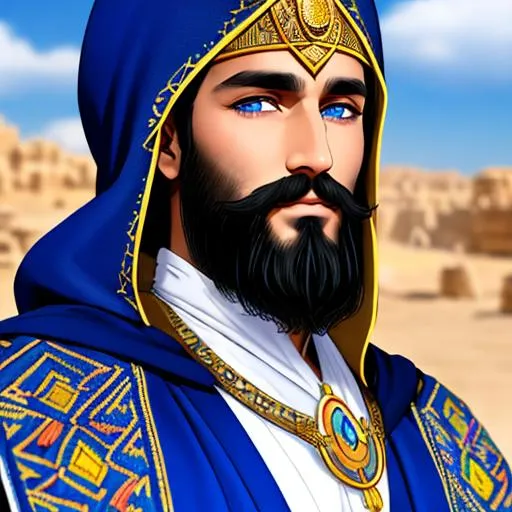 Prompt: A man wearing an ancient primitive Arabian/Hebrew style blue short robes with a large hood and small yellow embroidery. blue eyes, short black hair, very long black beard. highly detailed, symmetrical.