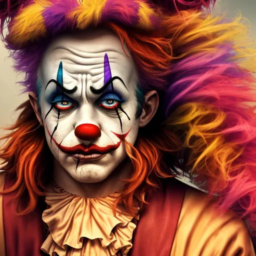 Prompt: Cinematic lighting, Devastated Miserable Sad 3D HD Tragic Bum filthy {Clown}male, hyper realistic, 8K expansive circus background --s99500