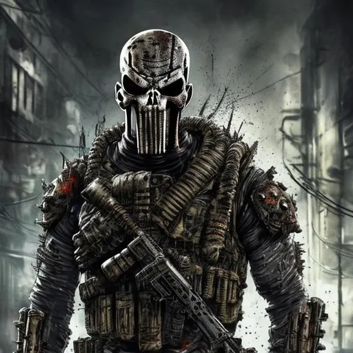 Prompt: Redesigned Gritty dark camouflage. Bone armour. intense futuristic military commando-trained villain Todd McFarlane's punisher Spawn. Bloody. Hurt. Damaged mask. Accurate. realistic. evil eyes. Slow exposure. Detailed. Dirty. Dark and gritty. Post-apocalyptic Neo Tokyo with fire and smoke .Futuristic. Shadows. Sinister. Armed. Fanatic. Intense. 