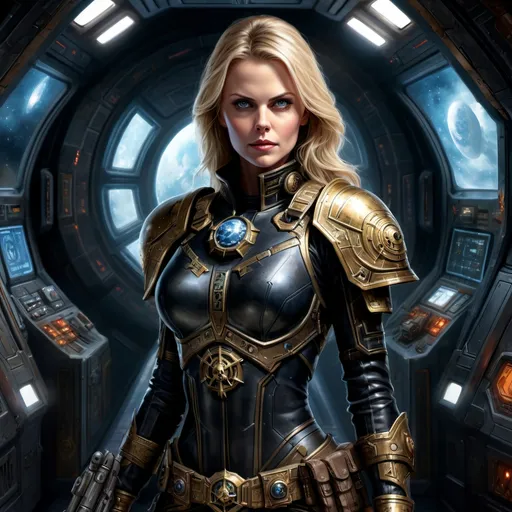 Prompt: warhammer 40k, beautiful face, face like charlize theron, eyes like alexandra daddario, high quality oil painting, attractive female psyker, blonde hair, sanctioned psyker officer from imperium of man, wearing ornate gothic occultist uniform in silk, grimdark, gritty, sanctioned psyker officer from imperium of man, standing in spaceship hallway next to window to space, planet and spaceships visible in window, dark black outfit, skin tight uniform, dangerous gleam in big expressive detailed eyes