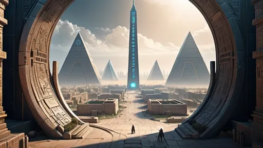 Prompt: small circular portal in the distance, gateway between cities realms worlds kingdoms, ring standing on edge, freestanding ring, hieroglyphs on ring, complete ring, obelisks, pyramids, futuristic towers, large wide-open city plaza, city vista view, futuristic cyberpunk dystopian setting