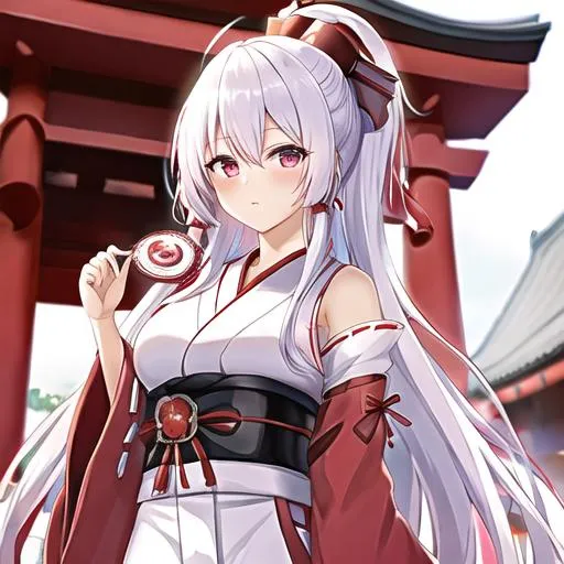 Prompt: female, white hair, pink eyes, wearing awhite kosode with a scarlet hakama, shrine maiden, wearing a mask, shrine in the background