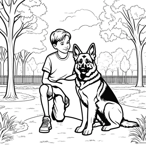 Prompt: B&W coloring book page, boy with his german Shepard dog in the park, line art, solid white background. no shades