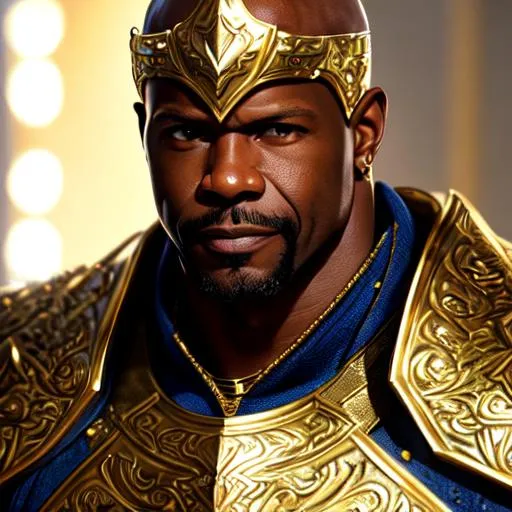 Prompt: Terry Crews, paladin, wearing a golden armor, fantasy, UHD, 8k, high quality, ultra quality, perfect composition, trending art, trending on artstation, sharp focus, studio photo, intricate details, cinematic lighting, special effects, hyper realism, hyper realistic, Very detailed, high detailed face, high detailed eyes, oil painting