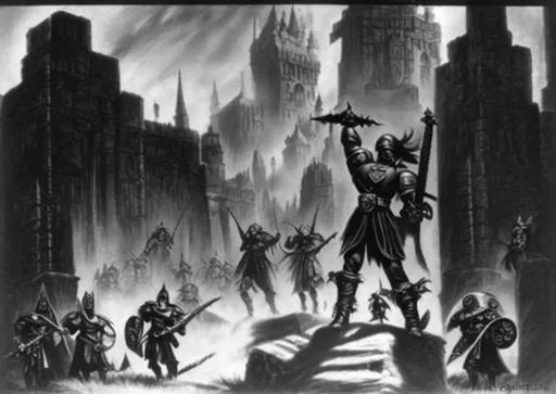 Prompt: Heroquest, dark fantasy, warhammer, warhammer-quest, black and white, nineties fantasy, grim dark.
