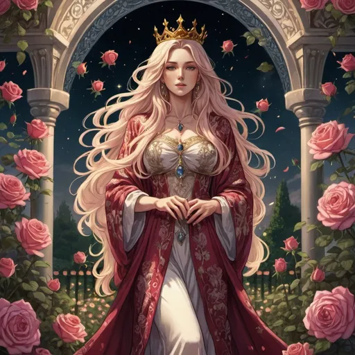 Prompt: tarot card Anime illustration, a long-haired woman, detailed ornate cloth robe, dramatic lighting, goddess standing in a rose garden, queen, crown of roses, magic environment