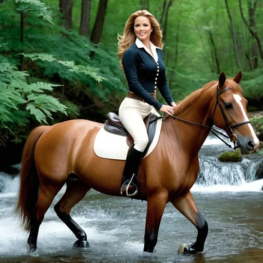 Prompt: Hyper realistic, photorealistic, extremely detailed. Full body shot but close enough so details can be clearly seen. Golden Time 

 A woman riding a horse by a stream in a wooded clearing. Woman is athletically built, with auburn hair with volume. Face has Cote de Pablos' eyes (Green) Jeri Ryan's mouth (smiling) and the rest is similar to Emma Watson's face. Body is similar to Linda Carter's. She is wearing a tight leather crop top, skintight cream-colored riding pants, and knee-high black riding boots. Horse is a large reddish-brown Chestnut thoroughbred with white socks and a white stripe on the nose.


