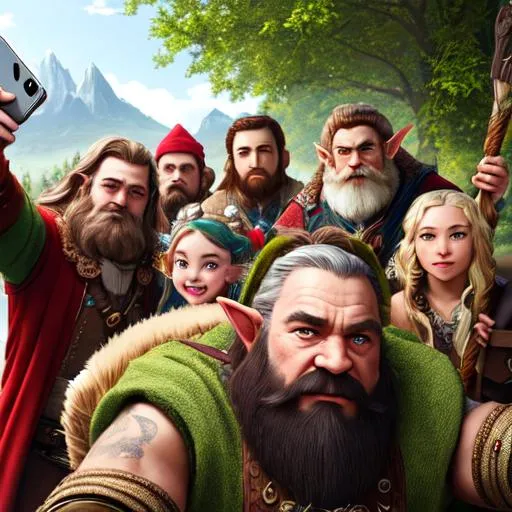 Prompt: Monsters, dwarf and elf taking a group selfie, photorealistic realistic art style 4k , perfect and detailed faces, posed