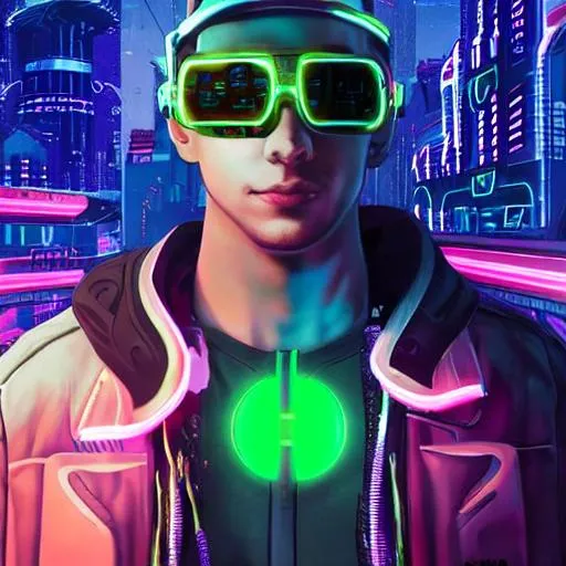 Prompt: Full face of a cyberpunk traveller, male aged 19, 65 kilos, Perfect face, perfect body, Neon future background city, Realistic, hyper-detailed, unriel ungine