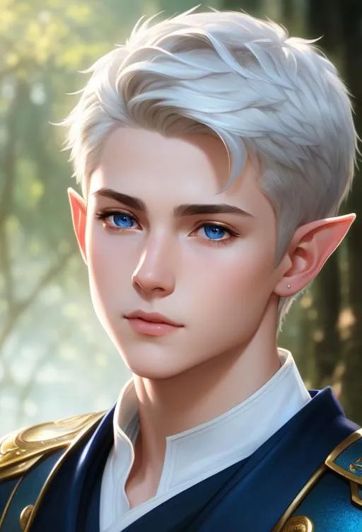 Prompt: Photorealistic, High detailed portrait, digital art style, story book style, photoreal style, young boy character, sharp jawline fantasy world, elf ear, short white hair, boy, warrior, blushed face, blue eyes, by greg rutkowski and alphonse mucha, sharp focus, muted scale, sharp focus, highres, Hires correction, noir stylings, modelshoot style, analog style, mdjrny-v4 style, nousr robot style, estilovintedois, evoartMj4, 

