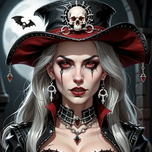 Prompt: Ravenloft half-vampire female with long black-flowing, silver-highlighted hair. Her skin is pale, her eyes are shaped like cats eyes that are a little larger with blue-grey pupils. Her ears are lined with small hoop earrings. Her earlobes have skull charms dangling from them. She has her mouth opened in a wide snarl revealing large vampire fangs, her lips are dark crimson. Her clothes are black leather with a dark red and white laced corset. Her jewelry is dark with skull pendants. She has a deep scar on the left side of her chest. She is wearing a tricorn hat that is made of black leather, with red decor on it. 