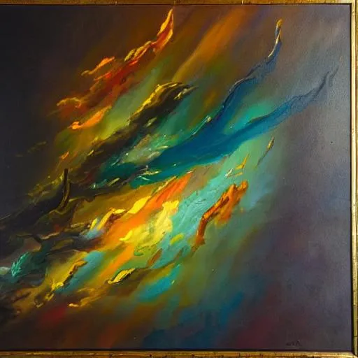 Prompt: oil painting, a legendary painting that exudes raw power and light. Incorporate elements of light, fantasy, Emphasize bold, high-contrast colors, to include gold, top convey a sense of intensity and foreboding
