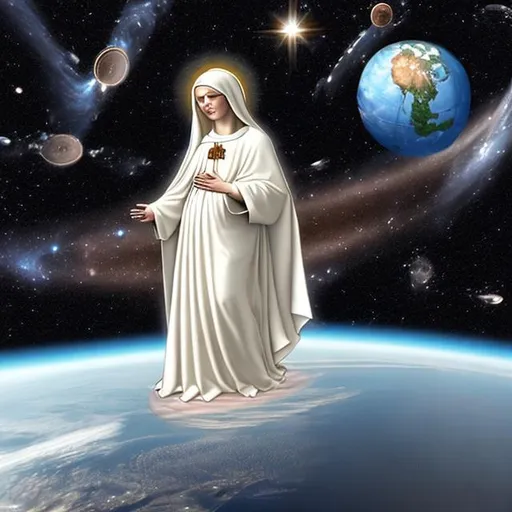 Prompt: the virgin mary, hovering over the earth, in space