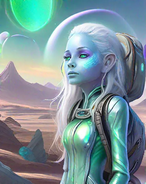 Prompt: A majestic alien traveler gazing thoughtfully at a strange, alien landscape. She has light blue skin with delicate markings, large emerald eyes, and long flowing silver hair that seems to float around her. Her clothing appears iridescent and holographic, shimmering with rainbow light effects. She wears a futuristic backpack and carries high-tech equipment for recording her intergalactic travels. Her expression conveys a sense of longing and curiosity as she observes the alien flora and crystalline rock formations under lavender skies. A warm sunset glow highlights her face and figure. By Android Jones in a style combining fantasy and science fiction art. ((Crystalline alien landscape)) ((Iridescent clothing))
