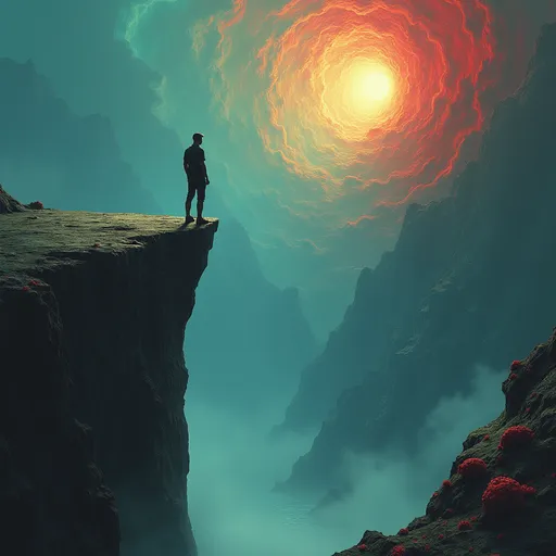 Prompt: A man stands on the brink of a cliff and stares into an abbiss of such emptiness, that a glimpse of madness flickers threw his face. The abbiss is composed out of twisted faces and colors, that the human mind is not able to comprehend the sheer vastness of the things he seas. Monomental twitching bodies of raw flesh began to crawl out of the twisted colors and into the vast emptiness of the never ending abbiss.