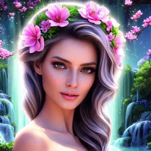 Prompt: HD 4k 3D 8k professional modeling photo hyper realistic beautiful woman ethereal greek goddess of well being
green ombre hair ponytails brown eyes gorgeous face pale skin shimmering dress jewelry leaves and flower crown full body surrounded by magical glowing light hd landscape background tranquil pool with waterfall waterliles