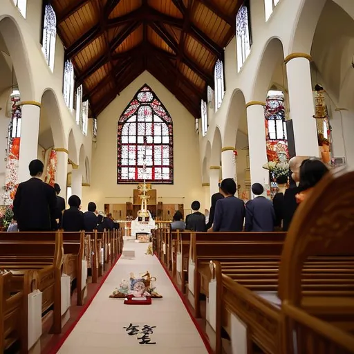 Prompt: As the sun begins to set, casting a warm golden hue, the church's doors open, inviting the faithful inside. A mix of Japanese and Western parishioners, dressed in a harmonious blend of traditional Japanese attire and elegant Catholic garments, enter the church, respectfully bowing to the altar before taking their seats.