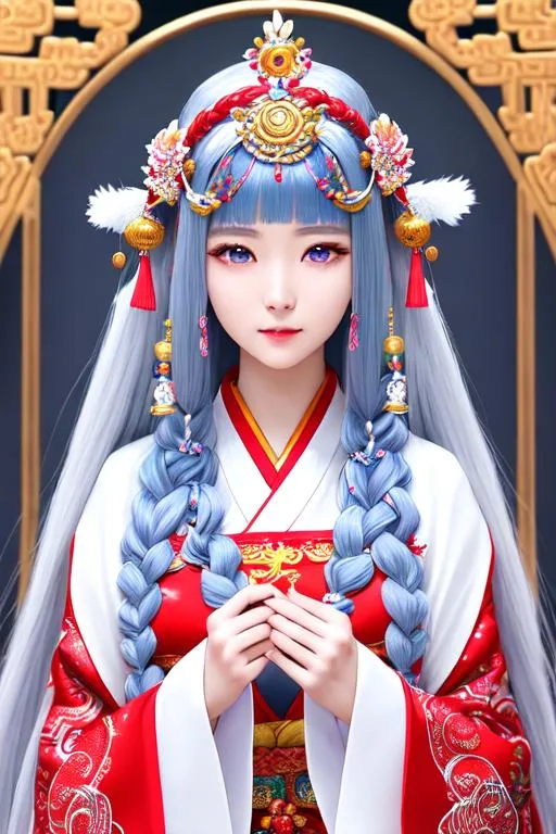 Prompt: 1 girl, close-up photo of a mystical girl [Yoona:Jung Chae Yeon:0.5], mysterious shiny silver white long hair with multiple symmetric braids, she wears a bright red colorful HanFu, intricate design, She large ancient Chinese headgear with phenix decoration and other accessories. She is perfect beautiful, long grayish blue eyes, pale white skin, cool expression.  UHD 8K, Rim light, back light, black background, the artwork is by Amano Yoshitaka and Greg Rutkowski <lora:Taiwan-doll-likeness:0.4>, Chinese ghost stories, artstation