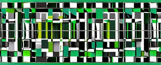 Prompt: Cube sateillite abstract artwork using green and silver, employing geometric patterns 
