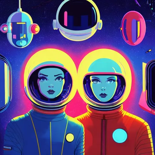 Prompt: Mid-century modern futurism hyperrealistic, two people in bright colored space suits, one with TV head, the other with speaker head, sharing Valentine’s gifts, cinematic lighting, space odyssey 2001 style, detailed spacesuits, highres, ultra-detailed, futuristic, retro-futuristic, cinematic lighting, space odyssey style, detailed TV head, speaker head, mid-century modern, bright colors, romantic atmosphere, professional