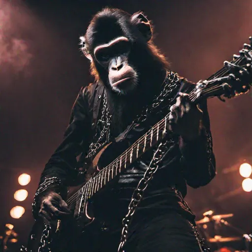 Prompt:  hyperealistic_ monkey guitar plauerplayer in goth metal band_wearing leather and chains_playing music on stage_cenematic long shot 4k_fire on stage