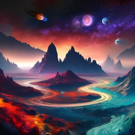Prompt: landscape, imaginary, other planets, sky image, colorful, radient, rivers and water, dark weather
