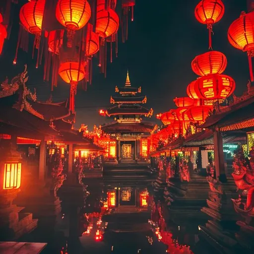 Prompt: A breath taking view of a Balinese temple in the middle of Cyberpunk City with red lanterns 
