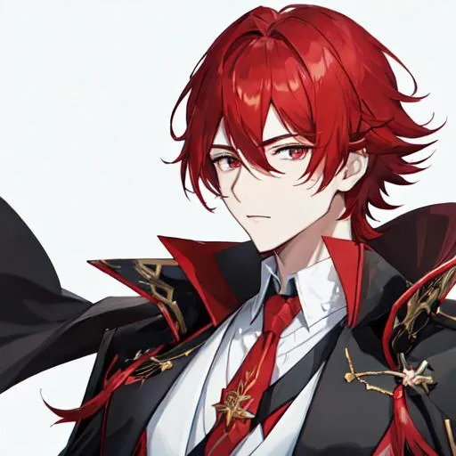 Prompt: Zerif 1male (Red side-swept hair covering his right eye) wearing a black royal suit, white cape, 