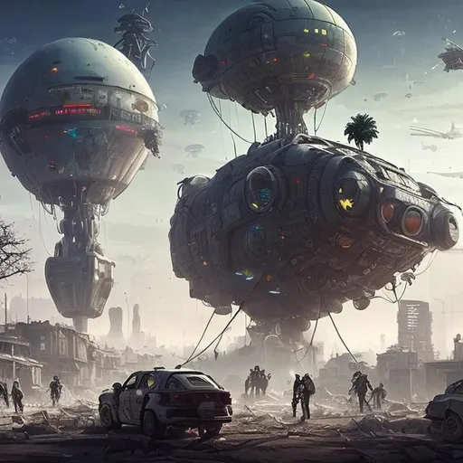 Prompt: Post apocalyptic town with futuristic tech on a surrounded by dead trees and a massive flying blimp with mechs fighting people and a futuristic city in the background 
