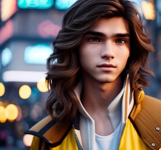 Prompt: Steanpunk men,perfect  nose, brown hair, hairstyle to the side, oval face, weight 60kg, height 1.78, 17 years old close-up back view half body, perfect body,  wearing yellow rain jacket and denim shorts in a steanpunk city, hyper realistic details, cinematic lighting, 3d, 8k