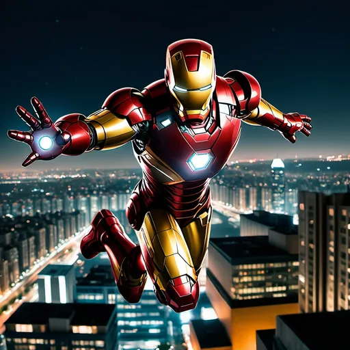 Prompt: Iron Man flying over a cityscape at night.