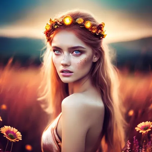 Prompt: HD 4k 3D 8k professional modeling photo hyper realistic beautiful woman ethereal greek goddess of the day
copper hair light brown eyes gorgeous face tan freckled skin pink and yellow shimmering dress full body jewelry flower crown surrounded by magical glowing daylight hd landscape background of enchanting mystical meadow 