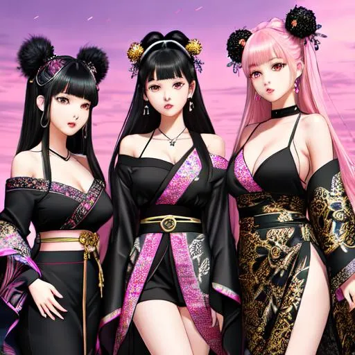 Prompt: Blackpink girl band, 1 girl, masterpiece hyper realistic water color pastel mix, big oppai, slender beautiful big body, hyperdetailed luxury pattern black gold off the shoulder fluffy short kimono with garnet ornament, black string knots, flying hyperdetailed fluffy black long hair, stray hairs, beautiful detailed face, beautiful detailed red eyes, beautiful hyperdetail, buildings background, high resolution high quality best resolution...