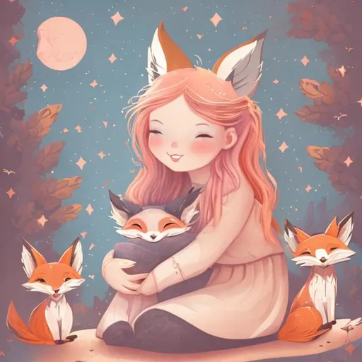 Prompt: little girl with rose gold pinkish hair and fox ears cradling a fox colorful storybook illustrations 