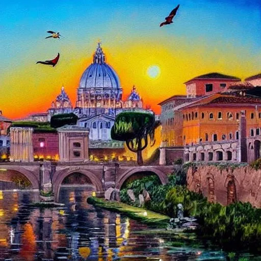 Prompt: beautiful painting of rome italy with birds and a sunset