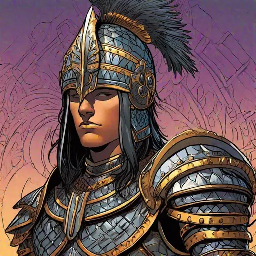 Prompt:  Whole body, full figure. A young adult superhero wearing a sumerian dark metal armor and a sumerian helm covering his head. Marvel art, dc, comic book cover, dc comic, comic panels, a comic book panel, cartoon lighting, smooth colors, well draw face. Detailed 
