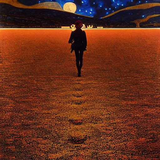 Prompt: A night sky, multi layerd with a beautiful female walking towards the moon, pretty blue eyes, perfect proportions, perfect symmetry,  red and bronze tints, style by Gustaf Klimt 