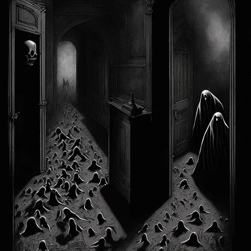 Prompt: balck ghost-like shapes attacking a in a dark corridor, anatomically correct, intricate scene, dreadful, dark, victorian, enhanced facial details, concept art