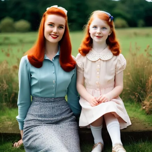 Prompt: Scottish girlwith red hair, and a one British mother in the 40 age ,brown hair,pale skin and blue eyes,1950s aesthetic