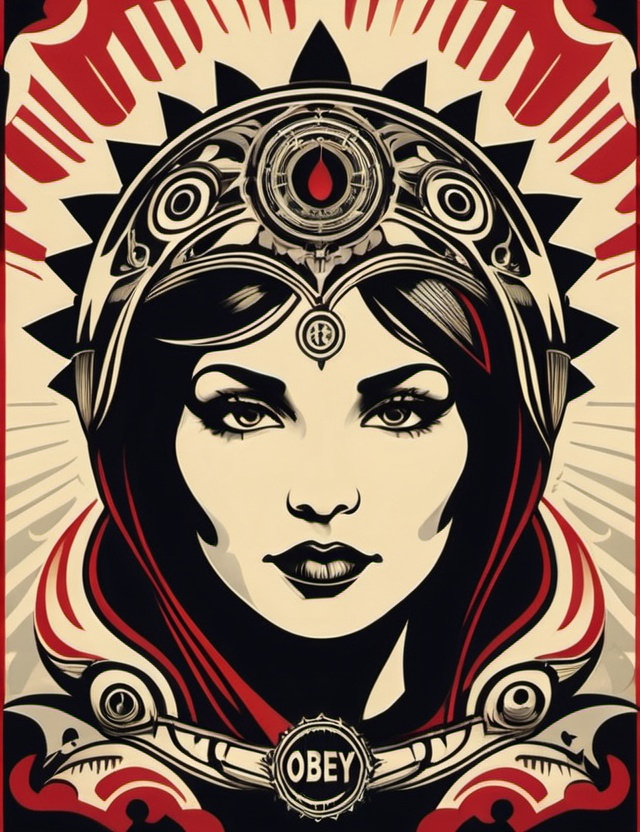 Art style of Shepard Fairey (Obey). Surrealist art m...