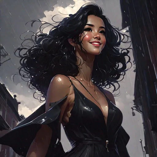 Prompt: "A_beautiful_wavy_black_haired_woman_ample_chesr_showing_skin_revealing_short_dress_high_heels_on_a_rainy_day_looking_up_at_the_sky_with_a_smile, by Akihito Yoshida, Artstation, Danbooru, by Charlie Bowater, by Artgerm, Digital Art, Bokeh, Side-View, White Balance, 2D, Super-Resolution, Sunlight, Ray Tracing Global Illumination, Reflections, RTX, insanely detailed and intricate, hypermaximalist, elegant, ornate, hyperrealistic detailed, 64k resolution"