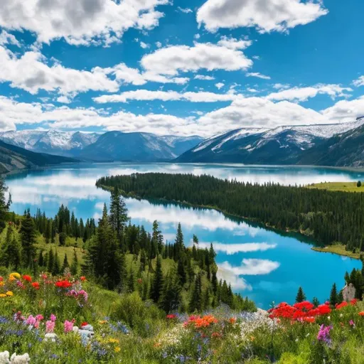 Prompt: Overlooking a cliff onto a serene and beautiful landscape of a large clear lake separating a forest of many different types of trees and a meadow of different types of flowers. In the distance have snow capped mountains. Many animals are present. Fluffy clouds dot the sky. 