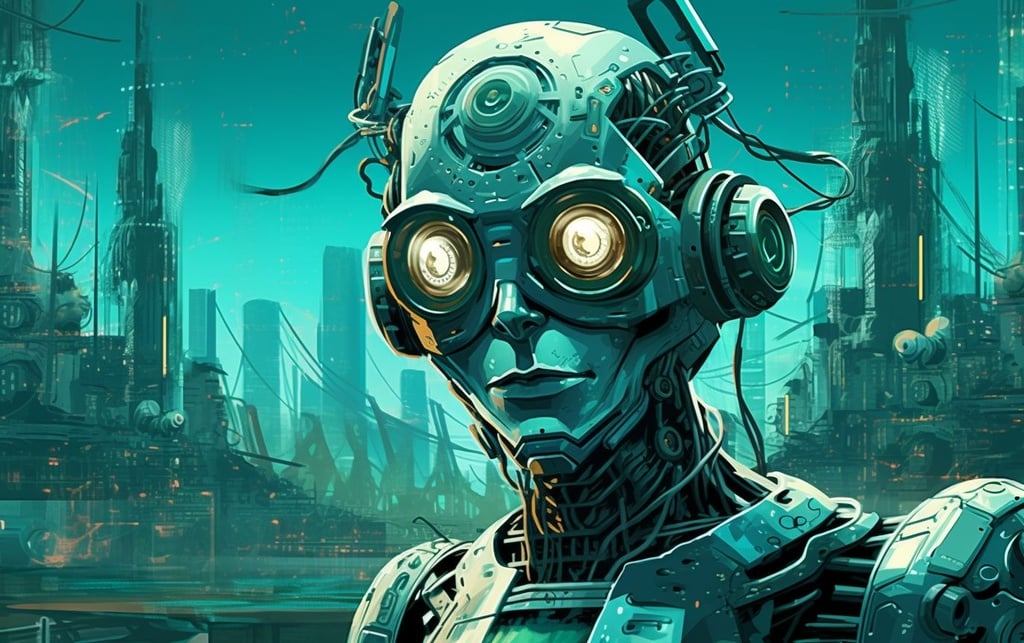 Prompt: futuristic concept art illustration, pixel art, in the style of technological marvels, teal and silver, photorealistic pastiche, surreal robotics, villagecore, blink-and-you-miss-it detail, celestialpunk