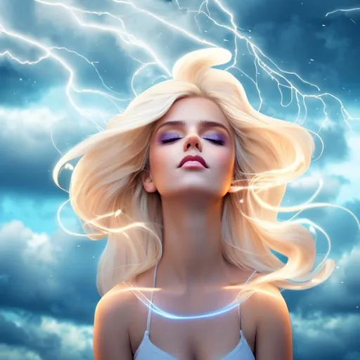 Prompt: adult beautiful glowing light goddess, white-blonde hair, tan skin, levitating in a stormy sky. heart-shaped face, blue eyes, head tilted down eyes looking up. raised eyebrow
