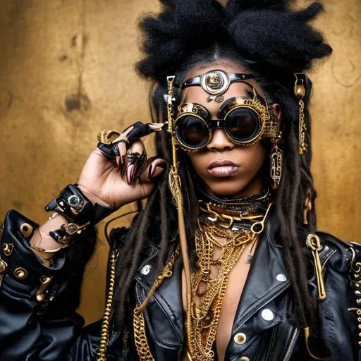 Young black woman dressed in steampunk accessories i