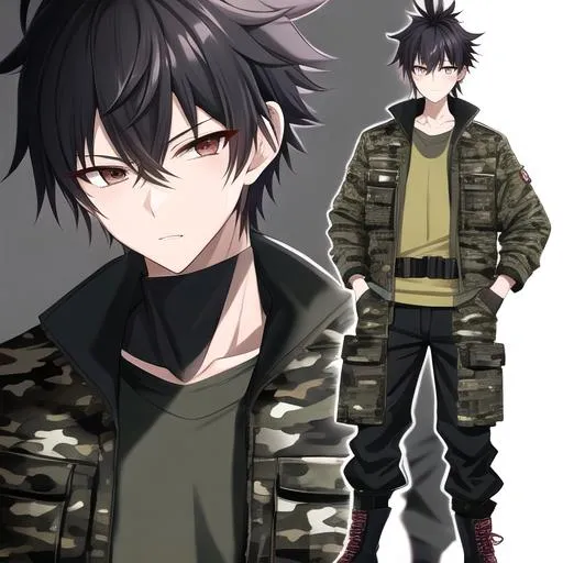 Prompt:  Yuichi 1male. {{Black spiky hair}} Wearing a camouflage jacket, cargo pants, sturdy boots, utility belt with pockets. Adam Manyoki, UHD. 4K. Highly detailed face. Adult