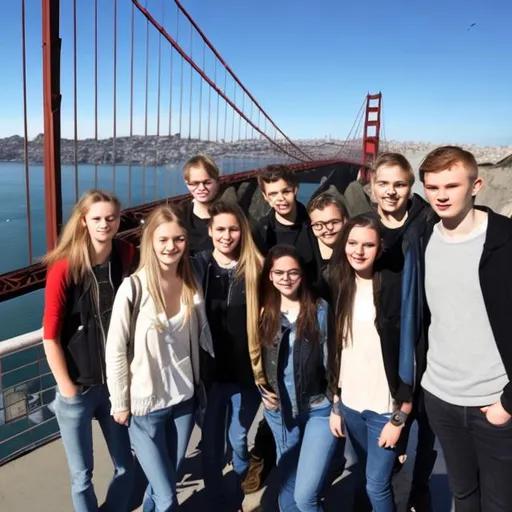 Prompt: a team of beautiful young northern european people visiting San Francisco bridge looking into the camera 