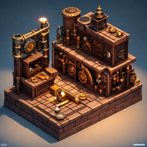 Prompt: cute isometric steampunk forge and anvil in middle, cutaway box, fantasy, highly detailed, made with blender --v 4